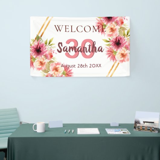 30e verjaardag roze goudfloraal wit spandoek (Beurs)