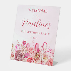 30e verjaardag roze roos swirly hart welkom reclamebord met voetstuk