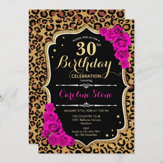 30e verjaardag - Roze Rozen Luipaard Print Kaart (Voorkant / Achterkant)
