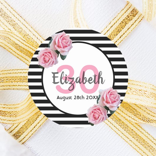 30e verjaardag roze rozen op zwarte witte strepen ronde sticker