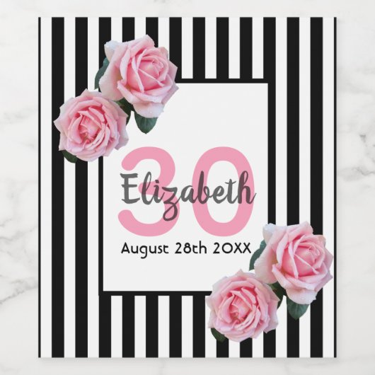 30e verjaardag roze rozen zwarte witte strepen wijn etiket (Enkel label)
