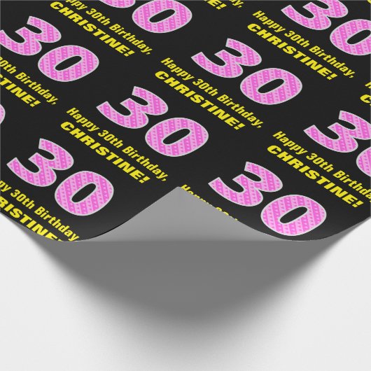 30e verjaardag: Roze strepen en hart "30" + naam Cadeaupapier (Hoek)