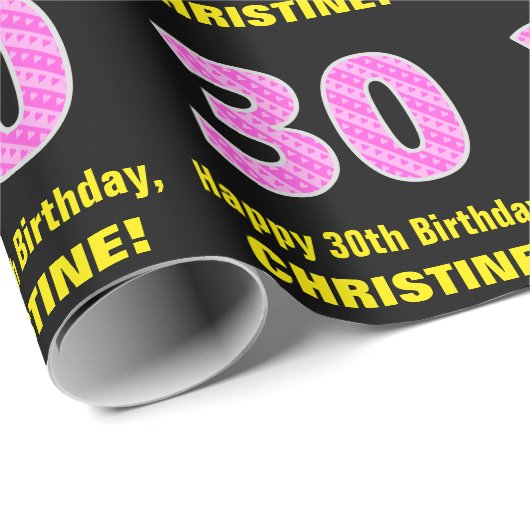 30e verjaardag: Roze strepen en hart "30" + naam Cadeaupapier (Rol Hoek)