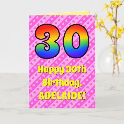 30e verjaardag: roze strepen & harten, regenboog # kaart (Gele Bloem)