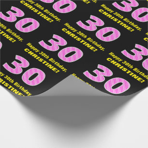 30e verjaardag: Roze strips en harten "30" + Naam Cadeaupapier