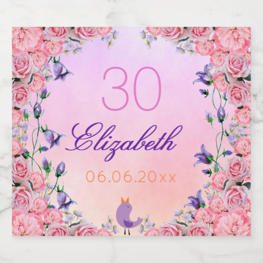 30e verjaardag roze violette tuinbloemen sparkling wijnetiket (Enkel label)
