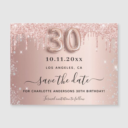 30e verjaardag roze zilver save the date magneet (Voorkant)