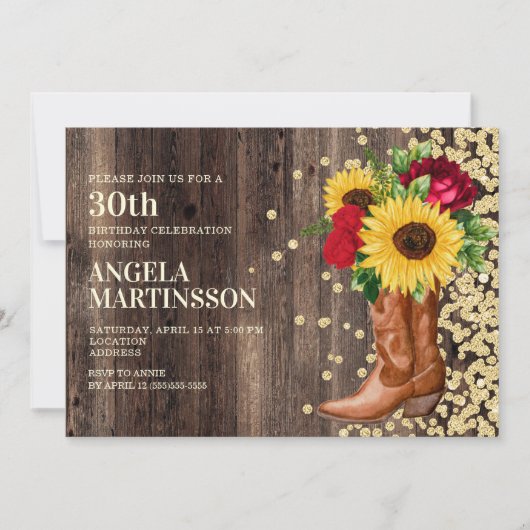 30e verjaardag Rustic Boots Sunflower Red Roses Kaart (Voorkant)