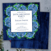 30e verjaardag Rustic Wood Blue Hydrangeas Party Kaart