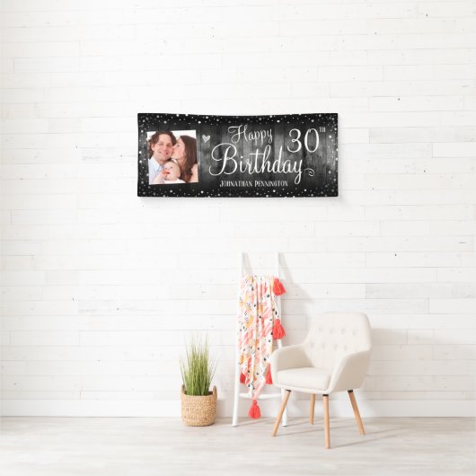 30e verjaardag Rustic Wood Foto Silver Confetti Spandoek (Insitu)