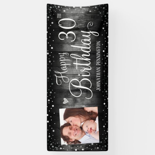 30e verjaardag Rustic Wood Foto Silver Confetti Spandoek (Verticaal)