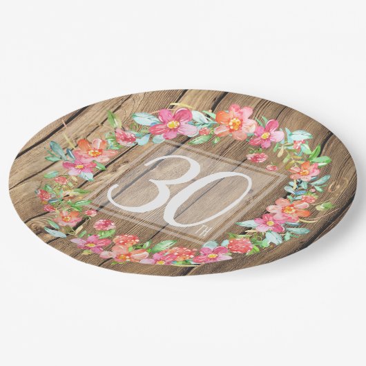 30e verjaardag rustic wood waterverf bloemen papieren bordje (Gekanteld)