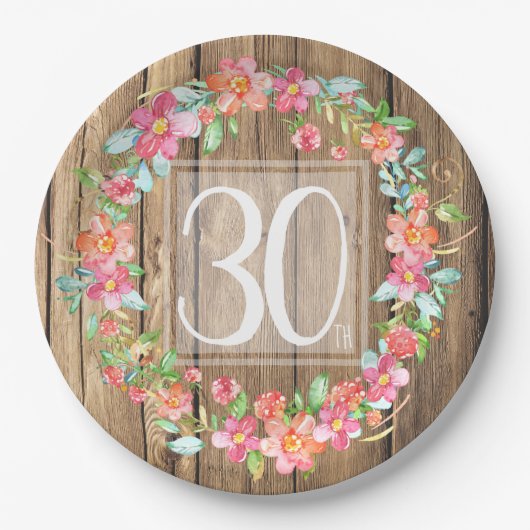 30e verjaardag rustic wood waterverf bloemen papieren bordje (Voorkant)