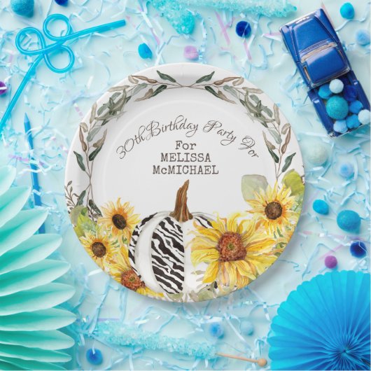 30e verjaardag Rustic Zebra pomkin en zonnebloemen Papieren Bordje (Feest)