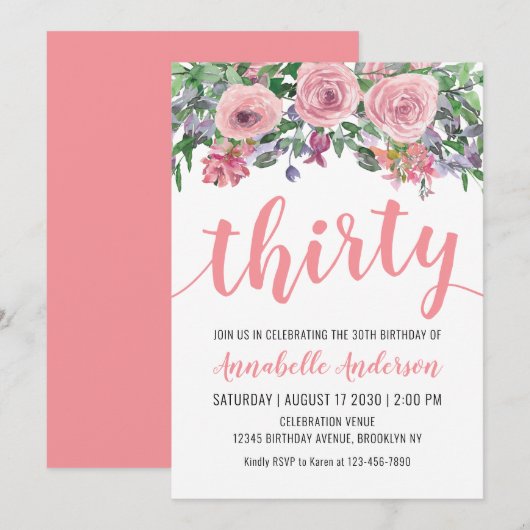 30e Verjaardag Rustieke Bloemige Roze Waterverf Kaart (Voorkant / Achterkant)