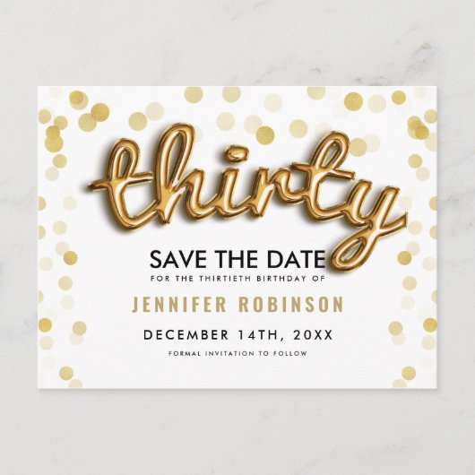 30e verjaardag Save the Date Gold Balloons Glitter Aankondigingskaart (Voorkant)