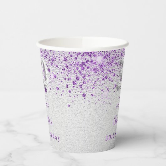 30e verjaardag Silver paarse glitter monogram Papieren Bekers (Links)