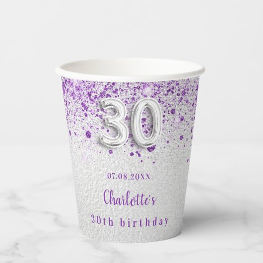 30e verjaardag Silver paarse glitter monogram Papieren Bekers (Voorkant)