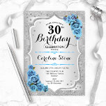 30e verjaardag - Silver Stripes Icy Blue Rozen Kaart<br><div class="desc">30e uitnodiging van de verjaardag. Elegant bloemontwerp in zilver en ijzige blauw. Met faux glitter Silver Strees,  turkooise rozen,  stijlvol script font and confetti. Ideaal voor een glam verjaardagsfeestje.</div>