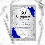 30e verjaardag - Silver Stripes Royal Blue Rozen Kaart<br><div class="desc">30e uitnodiging van de verjaardag. Elegant bloemontwerp in zilver en koningsblauw. Met faux glitter Silver Strees,  sapphire rozen stijlvolle scriptlettertypen en confetti. Ideaal voor een glam verjaardagsfeestje.</div>