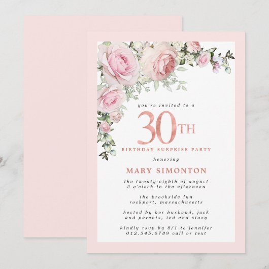 30e Verjaardag Surprise Feest Roze Roos Bloemen Kaart (Voorkant / Achterkant)