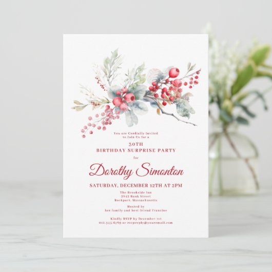 30e verjaardag Surprise Party Greenery Red Berry Kaart (Staand voorkant)
