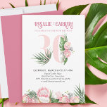 30e verjaardag Tropisch roze protheegetal 30 Kaart<br><div class="desc">30e verjaardagsfeestdag met nummer 30 versierd met tropische palmbladeren,  roze proteasbloemen en een kokosnoot. Subtiel feminine en elegant ontwerp met waterverf florale voorzieningen in tinten roze en groen. Perfect voor de 30e verjaardag,  luau party of tuinthee party.</div>