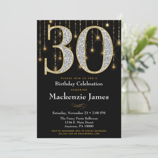 30e verjaardag Uitnodiging Black Gold Diamonds Adu (Staand voorkant)