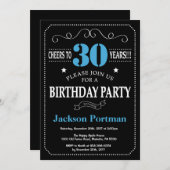 30e verjaardag Uitnodiging blauw en zwart karton (Voorkant / Achterkant)