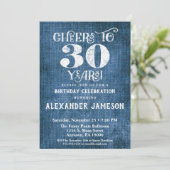 30e verjaardag Uitnodiging Blauwe linen Rustic Che (Staand voorkant)