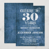 30e verjaardag Uitnodiging Blauwe linen Rustic Che (Voorkant / Achterkant)
