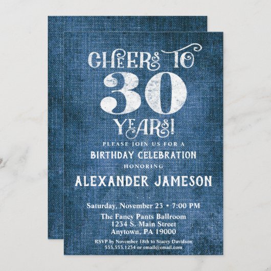 30e verjaardag Uitnodiging Blauwe linen Rustic Che (Voorkant / Achterkant)