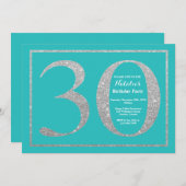30e verjaardag Uitnodiging Blauwgroen en Zilver Gl (Voorkant / Achterkant)