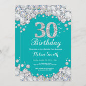 30e verjaardag Uitnodiging Blauwgroen en Zilveren  (Voorkant / Achterkant)
