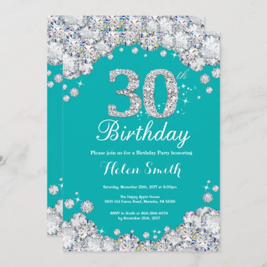 30e verjaardag Uitnodiging Blauwgroen en Zilveren  (Voorkant / Achterkant)