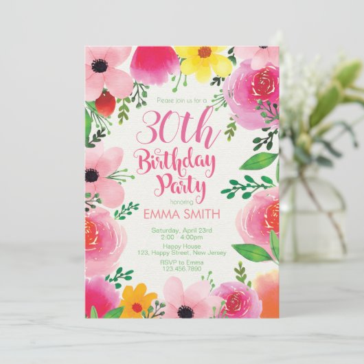 30e verjaardag uitnodiging. Bloemendag. Dames Kaart (Staand voorkant)