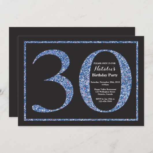 30e verjaardag uitnodiging Blue Glitter schoolbord (Voorkant / Achterkant)