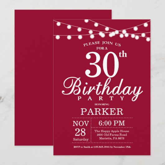 30e verjaardag uitnodiging Bourgondië Rood (Voorkant / Achterkant)