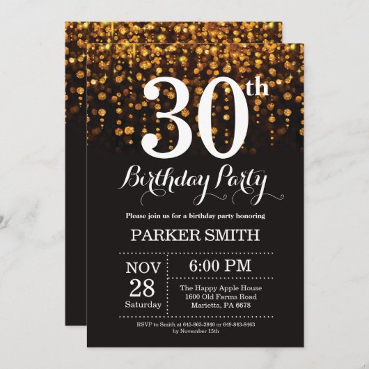 30e verjaardag uitnodiging Gold Glitter (Voorkant / Achterkant)