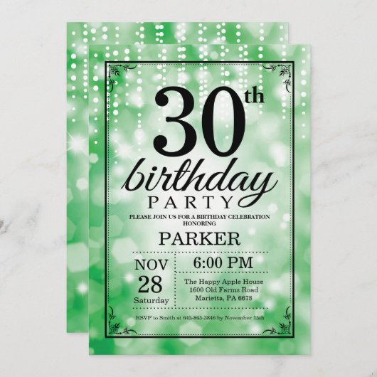 30e verjaardag uitnodiging Green Glitter (Voorkant / Achterkant)