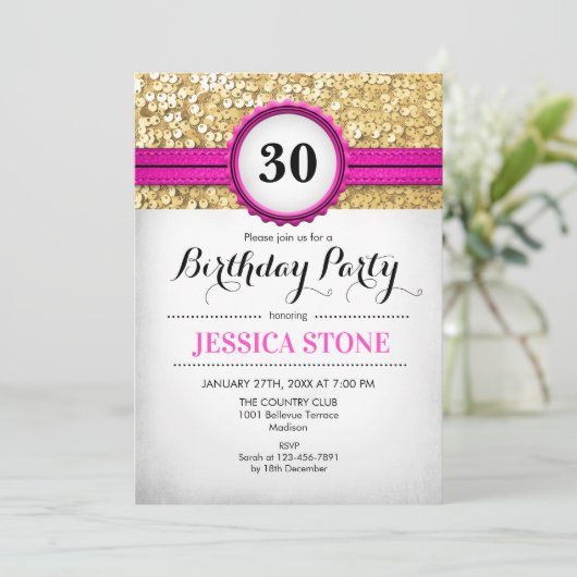 30e verjaardag uitnodiging - Hot Pink White Gold (Staand voorkant)