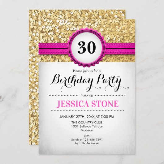 30e verjaardag uitnodiging - Hot Pink White Gold (Voorkant / Achterkant)