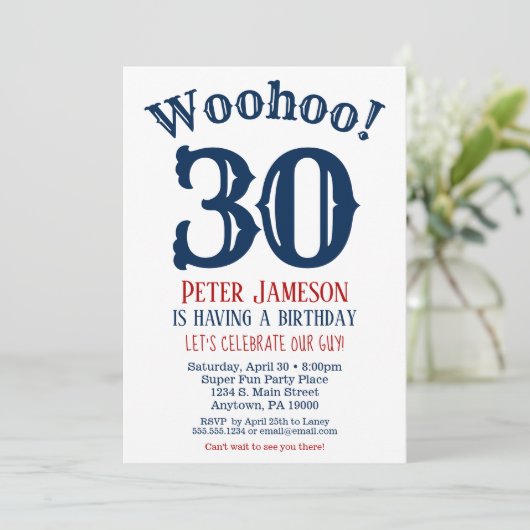 30e verjaardag Uitnodiging Mannen marineblauw (Staand voorkant)