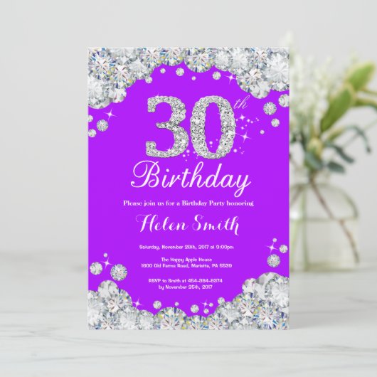 30e verjaardag Uitnodiging Paars en Silver Diamond (Staand voorkant)