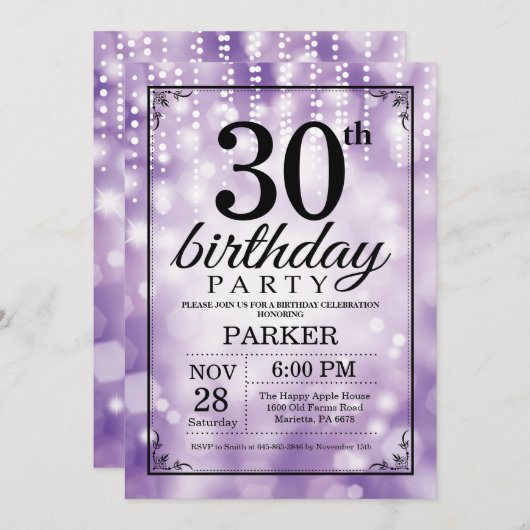 30e verjaardag Uitnodiging Paars Glitter (Voorkant / Achterkant)
