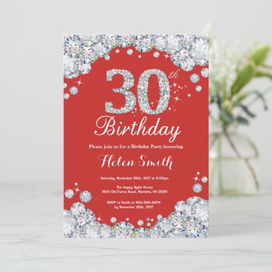 30e verjaardag Uitnodiging Red en Silver Diamond (Staand voorkant)