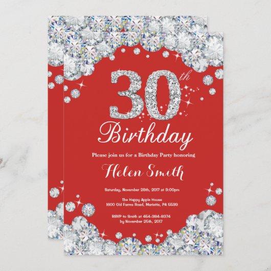 30e verjaardag Uitnodiging Red en Silver Diamond (Voorkant / Achterkant)