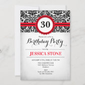 30e verjaardag uitnodiging rood zwart wit damast (Voorkant)