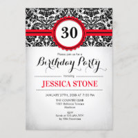 30e verjaardag uitnodiging rood zwart wit damast