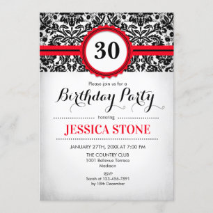 30e verjaardag uitnodiging rood zwart wit damast